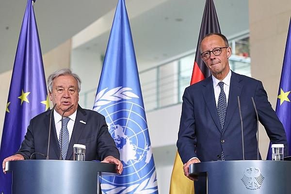 Antònio Guterres und Friedrich Merz am 14.05.2025, via dts Nachrichtenagentur